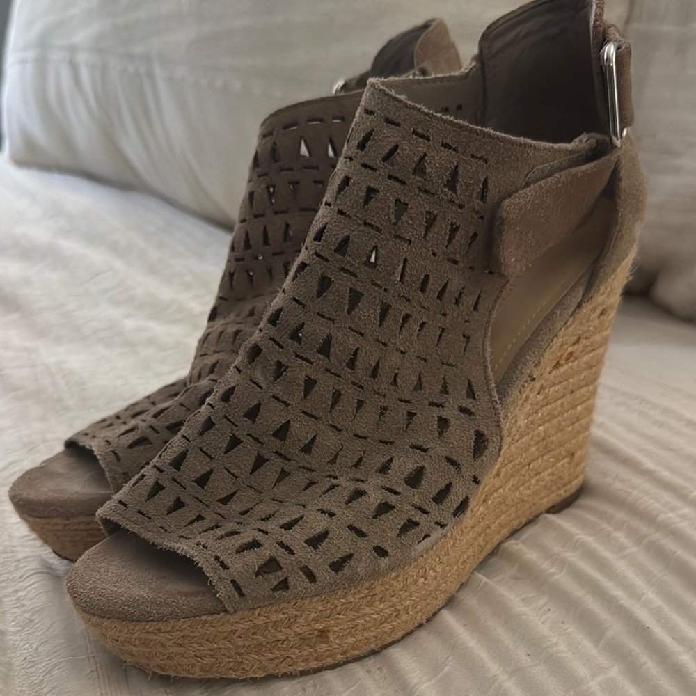 Marc Fisher Tan Espadrille Wedges with Laser-Cut Design